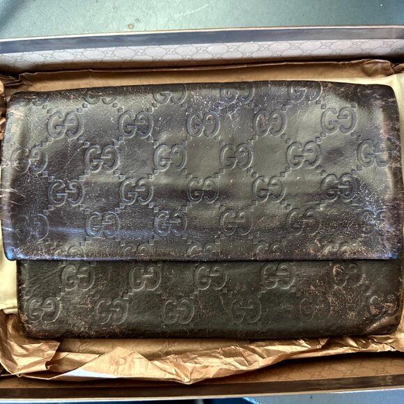 AUTHENTIC GUCCI LOGO EMBOSSED FLAP BI-FOLD LONG WALLET LEATHER PREOWNED BROWN - Picture 1 of 8